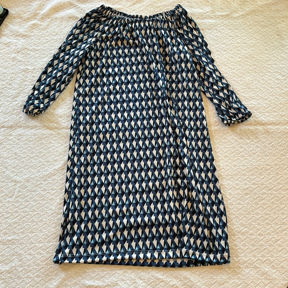Geometric blue and white dress polyester/spandex